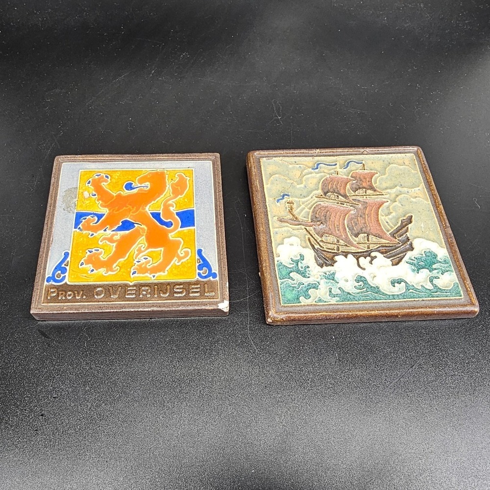 2 Dutch Tiles Westraven Overijssel Lion & De Porceleyne‎ Fles Ship 1950s